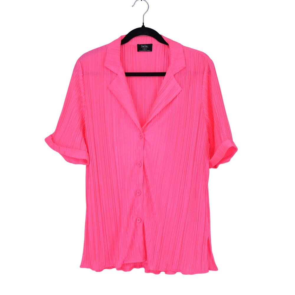 Dressed in Lala World is Yours Shirt Electric Pink Plisse Button Up Women's M
